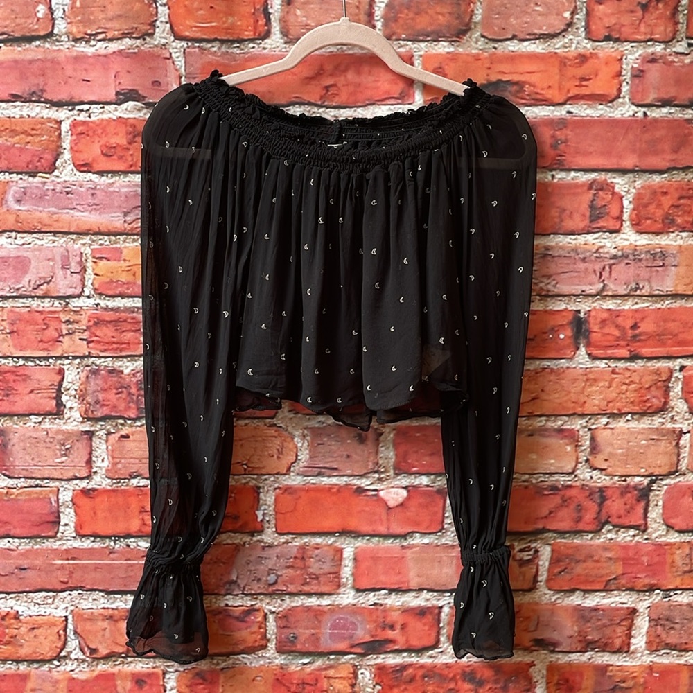Black Semi-Sheer Whimsy + Row Moon Print Ruffled Long Sleeve Cropped Blouse